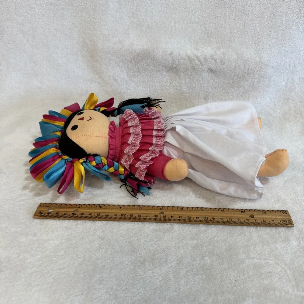 Handmade Folk Art Doll Mexican Inspired Textile Doll Colorful Ribbon‎ Hair Dress